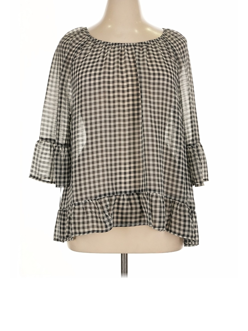 Style & CO Black & White Gingham Ruffle-Sleeve Women's Top